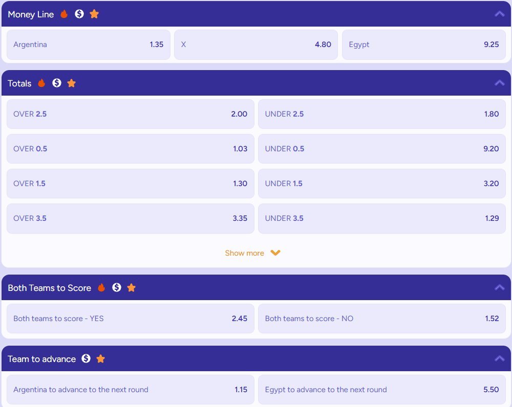 Argentina vs Egypt betting odds showing main match markets, including match winner, draw, and handicap options for World Cup 2026.
