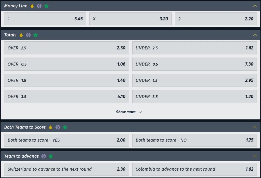 Switzerland vs Colombia betting odds showing main match markets, including match winner, draw, and handicap options for World Cup 2026.
